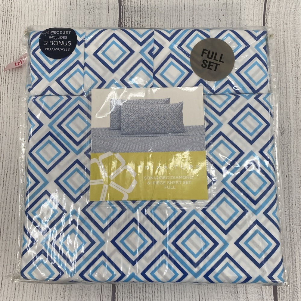 Trina Turk Sheet Set FULL White Blue Sonia Geo Diamond Geometric Colorful Modern